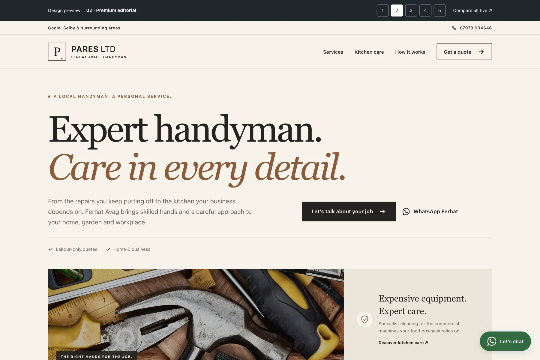 Bold trade website preview with a dark navy hero, amber accents and strong uppercase headings